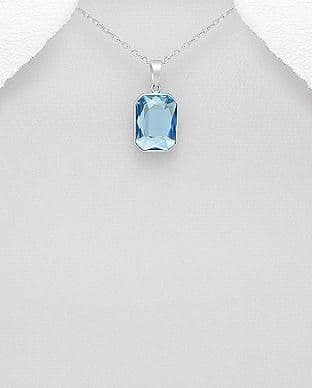 925 Sterling Silver Pendant & Chain Decorated With An Aquamarine Swarovski Crystal Stone